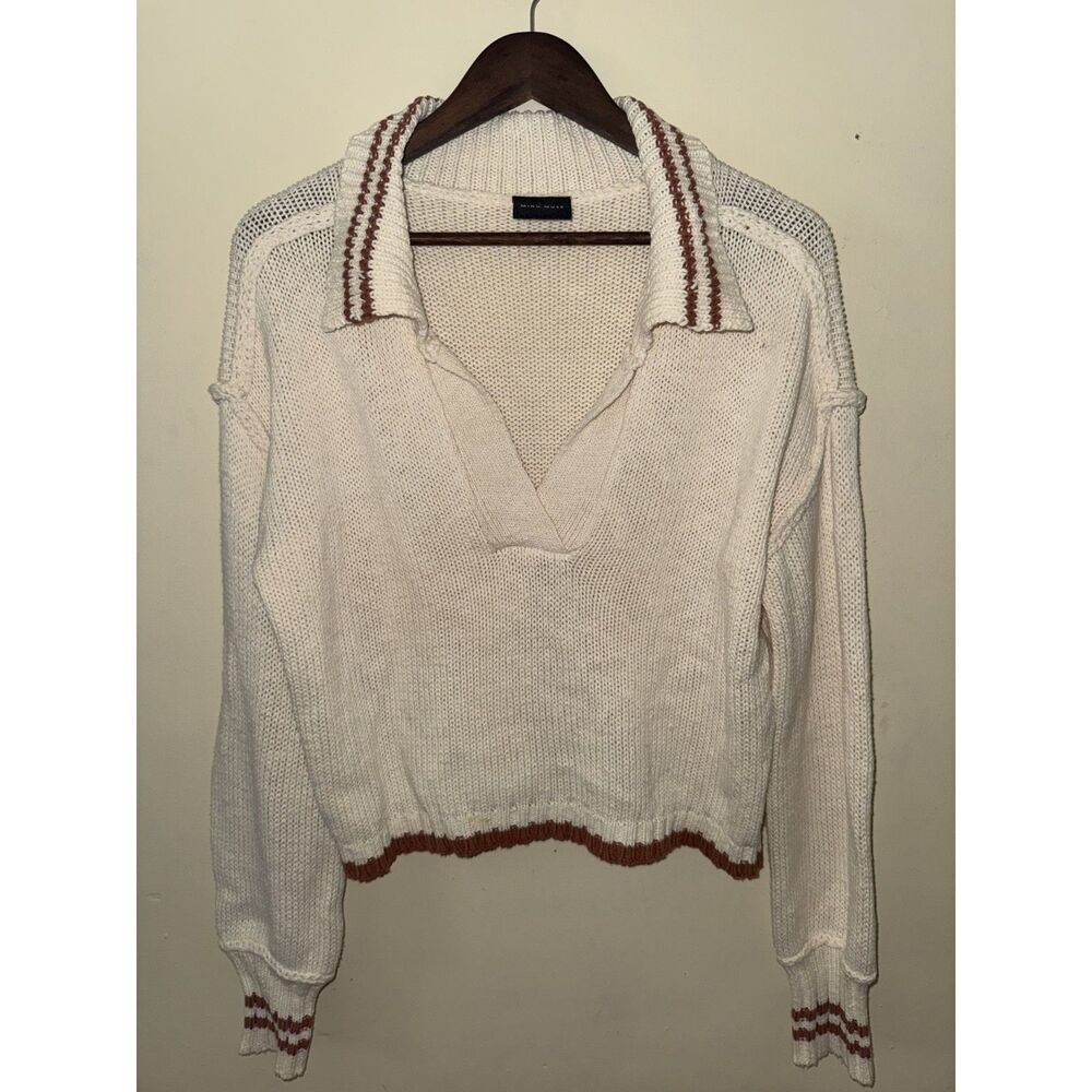 MIOU MUSE Collared Knit Sweater Cream Red Stripe Split V-Neck Crop Top Small